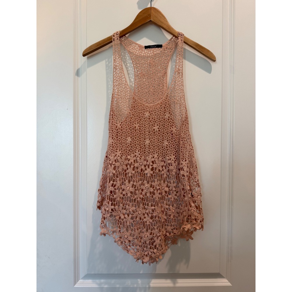 Papaya Women Peach Pink Floral Crochet Racerback Tank Top Open Knit Boho Fest SM